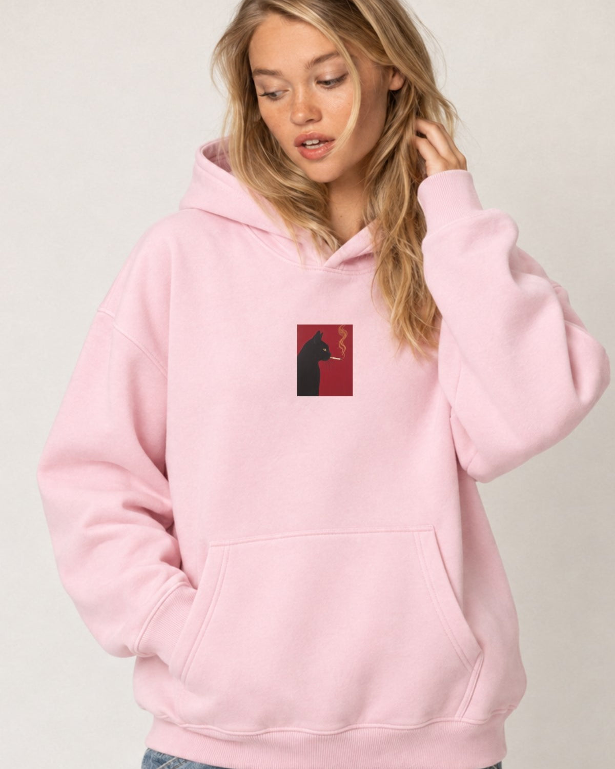 Kadın Oversize Hoodie Noir Cat Baskılı Pembe – Kapüşonlu, Kanguru Cepli, 3 İplik Şardonlu Polar