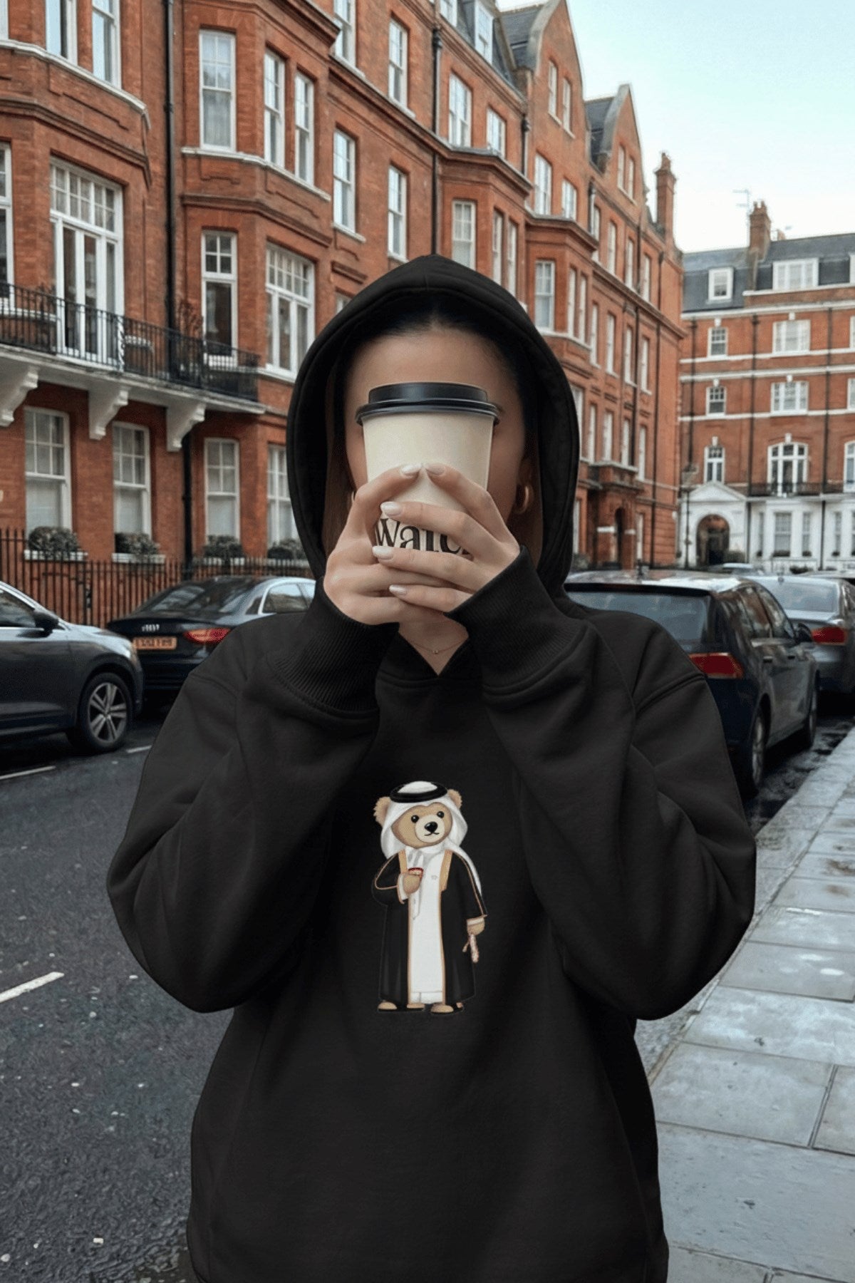 Erkek Oversize Sweatshirt Hoodie Qatari Bear Black Siyah – Kapüşonlu, 3 İplik Polar, Kanguru Cepli
