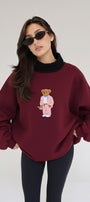 Kadın Oversize Sweatshirt Pink Suit Bear 3D Baskılı Bordo – Bisiklet Yaka, 3 İplik Şardonlu Polar