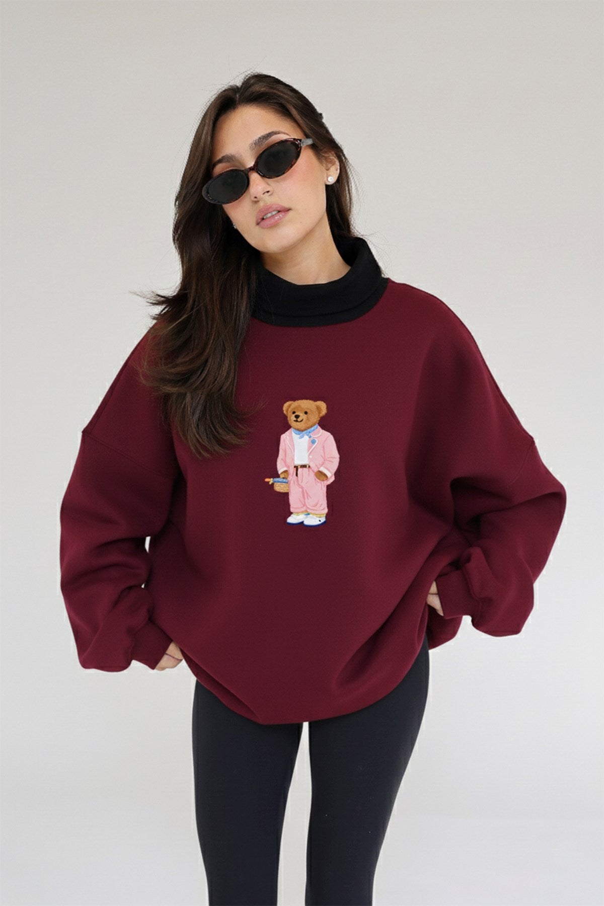Kadın Oversize Sweatshirt Pink Suit Bear 3D Baskılı Bordo – Bisiklet Yaka, 3 İplik Şardonlu Polar