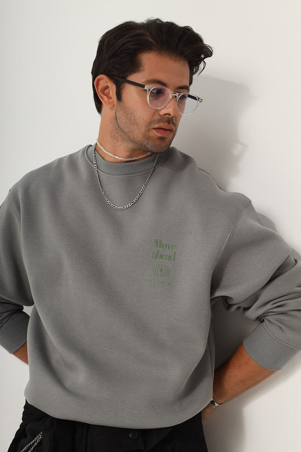 Bisiklet Yaka İçi Polar Move Ahead Yazı Baskılı Füme Oversize Sweatshirt