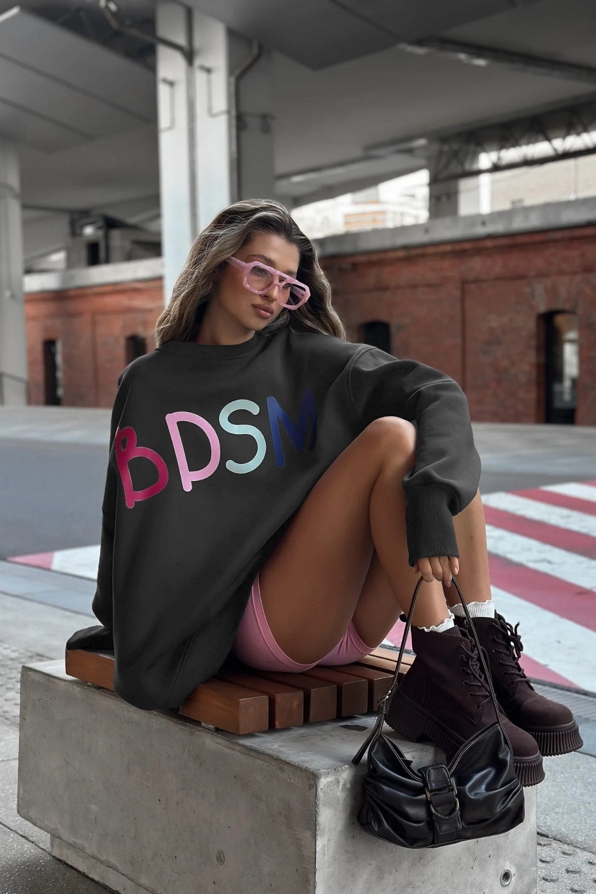 Kadın Oversize Sweatshirt Elbise Color Pop Baskılı Füme – Bisiklet Yaka, 3 İplik Şardonlu Polar