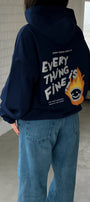  Every Thing Is Fine Baskılı Unisex Lacivert Kapüşonlu Sweatshirt – 3 İplik Şardonlu Kumaş