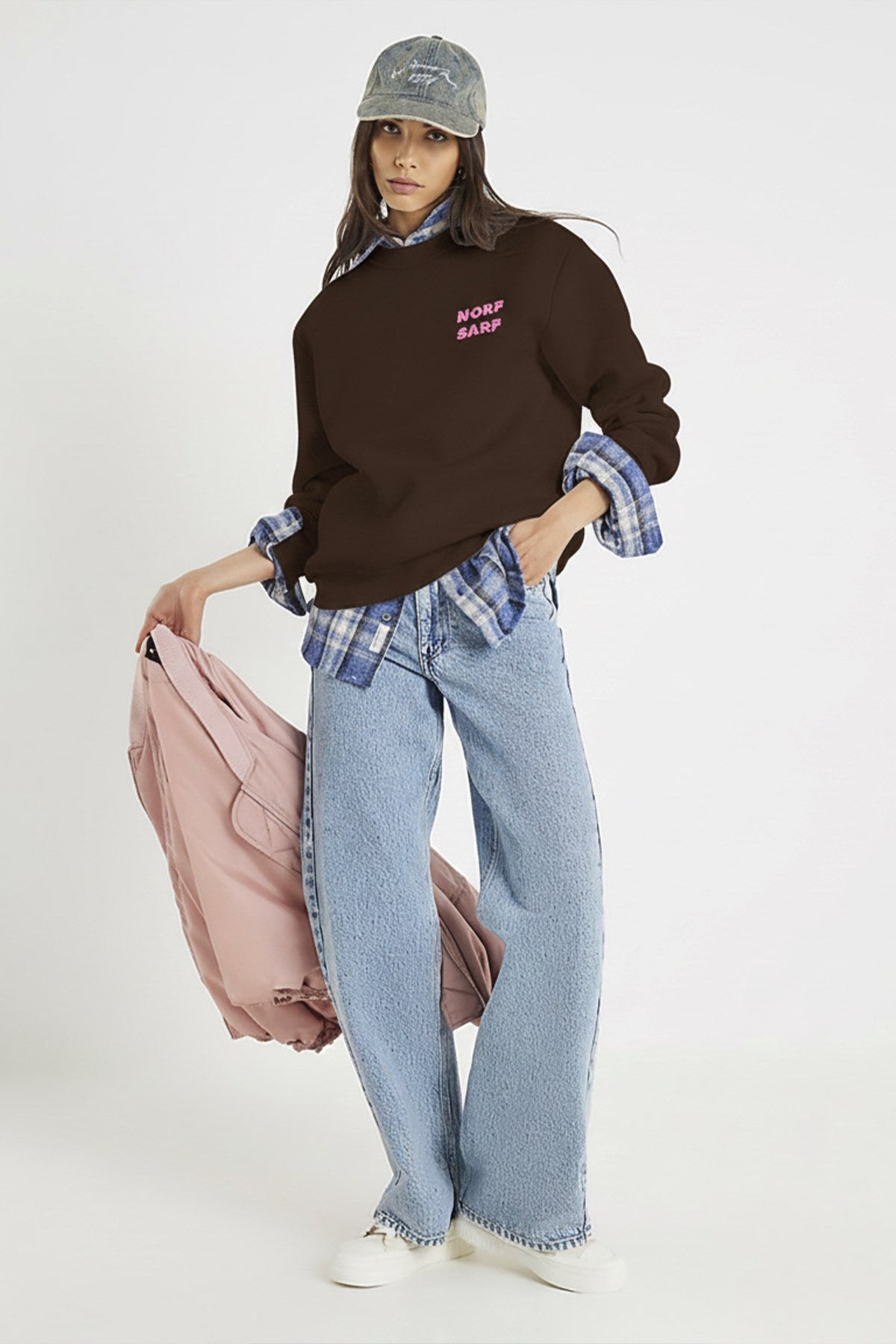 Unisex Oversize Sweatshirt Norf Sarf Harita Baskılı Kahverengi – Bisiklet Yaka, 3 İplik Polar