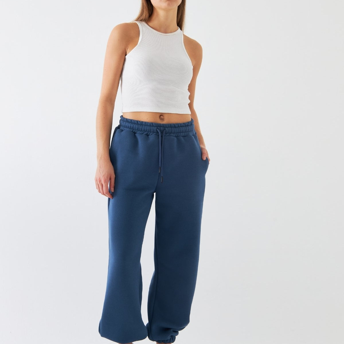 Oversize Unisex Eşofman Altı Marine – 3 İplik Şardonlu, Paça-Bel Lastikli, Cepli, Rahat Kesim