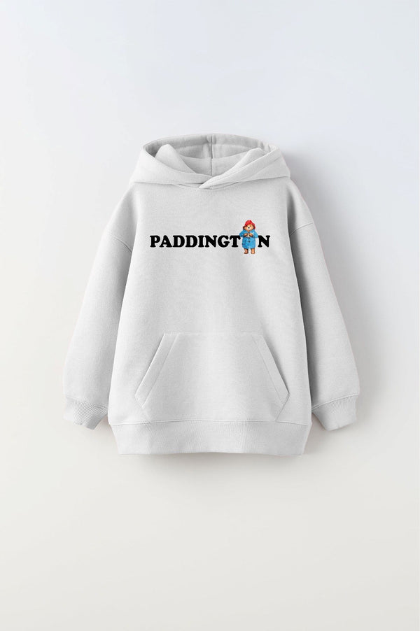 Kapüşonlu İçi Polar Paddington Yazılı Ayı Figür Baskılı Beyaz Unisex Hoodie Çocuk Sweatshirt