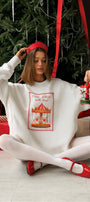 Kadın Oversize Sweatshirt Elbise Carousel Love Baskılı Beyaz – Bisiklet Yaka, 3 İplik Şardonlu Polar