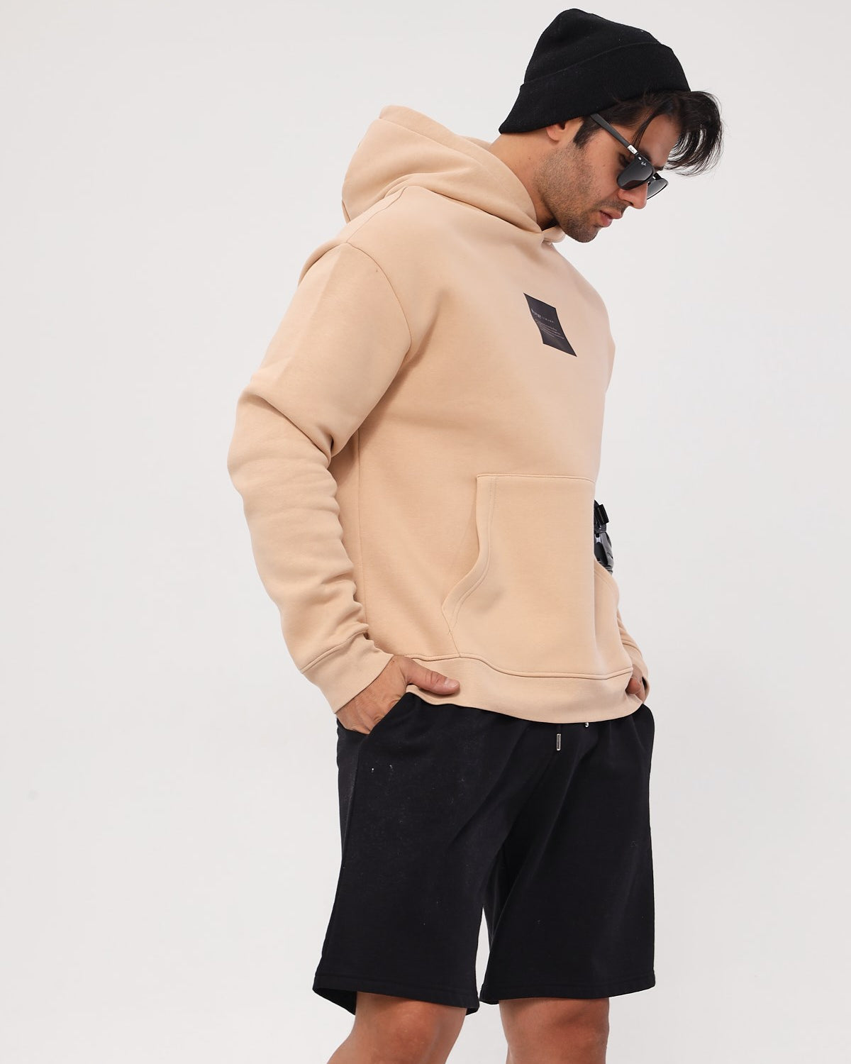 Kapüşonlu İçi Polar Syzygy Yazı Baskılı Bej Oversize Hoodie Sweatshirt