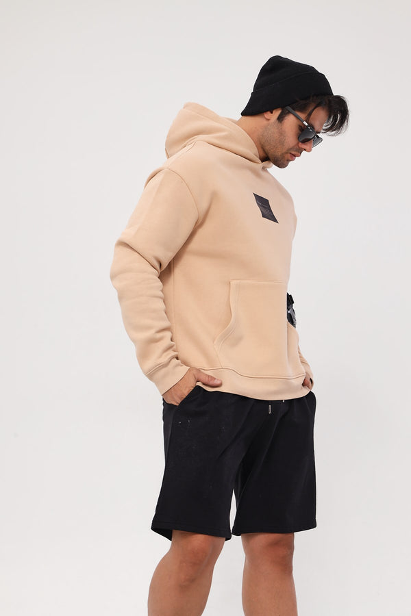 Kapüşonlu İçi Polar Syzygy Yazı Baskılı Bej Oversize Hoodie Sweatshirt