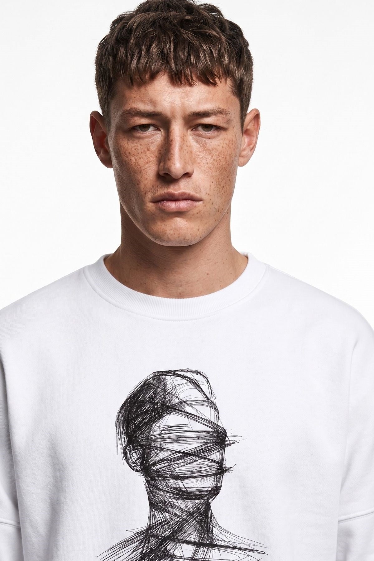 Erkek Oversize Sweatshirt Blind Trace Baskılı Beyaz – Bisiklet Yaka, 3 İplik Şardonlu Polar