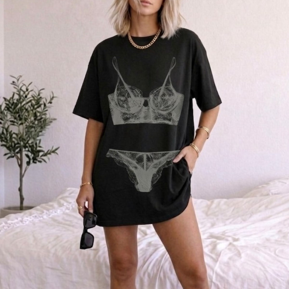 Kadın Double Oversize Rouge Intimates Baskılı Siyah – Bisiklet Yaka, Rahat Kalıp, %100 Pamuk
