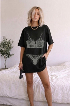 Kadın Double Oversize Rouge Intimates Baskılı Siyah – Bisiklet Yaka, Rahat Kalıp, %100 Pamuk