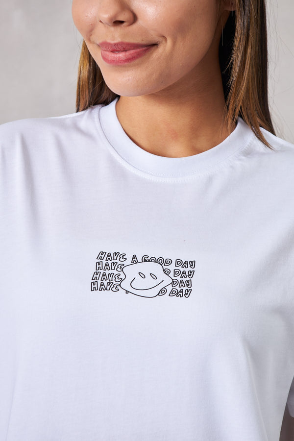 Have A Good Day Yazılı Gülen Yüz Tasarım Baskılı Beyaz Kadın T-Shirt