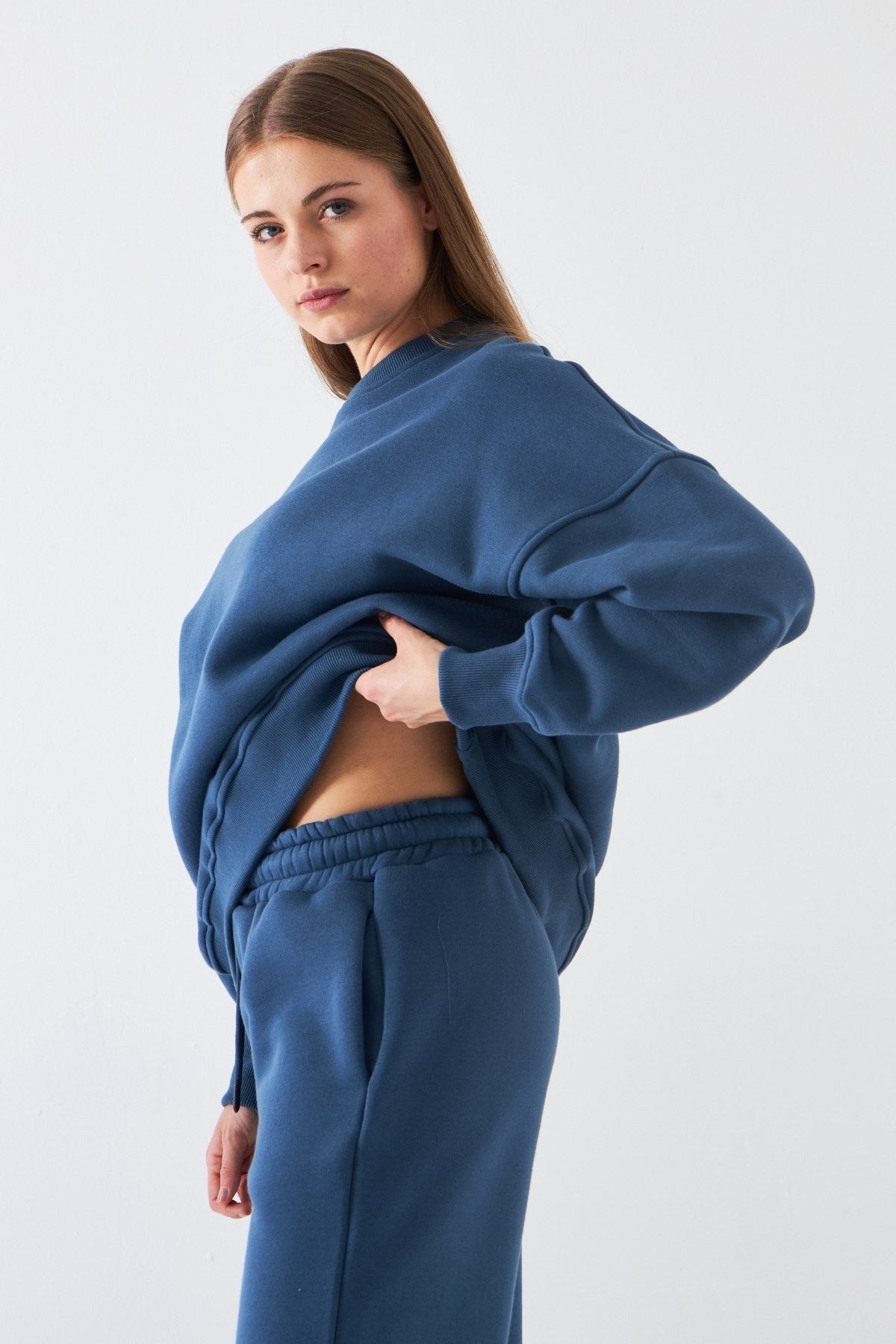 Unisex Oversize Sweatshirt Basic Marine – Bisiklet Yaka, 3 İplik Şardonlu Polar