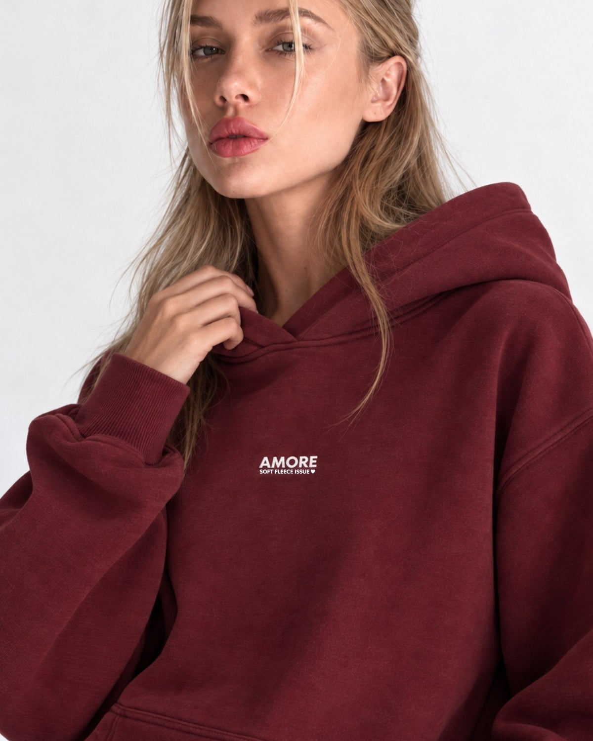 Kadın Oversize Hoodie Amore Baskılı Bordo – Kapüşonlu, Kanguru Cepli, 3 İplik Şardonlu Polar
