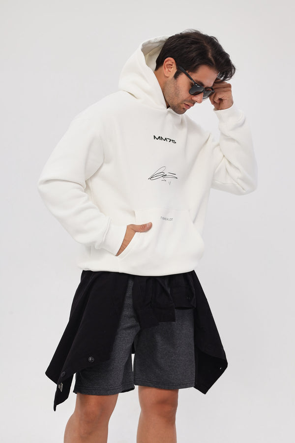 Kapüşonlu İçi Polar MM75 Baskılı Beyaz Oversize Hoodie Sweatshirt