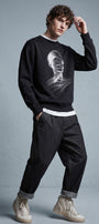 Erkek Oversize Sweatshirt Blind Trace Baskılı Siyah – Bisiklet Yaka, 3 İplik Şardonlu Polar