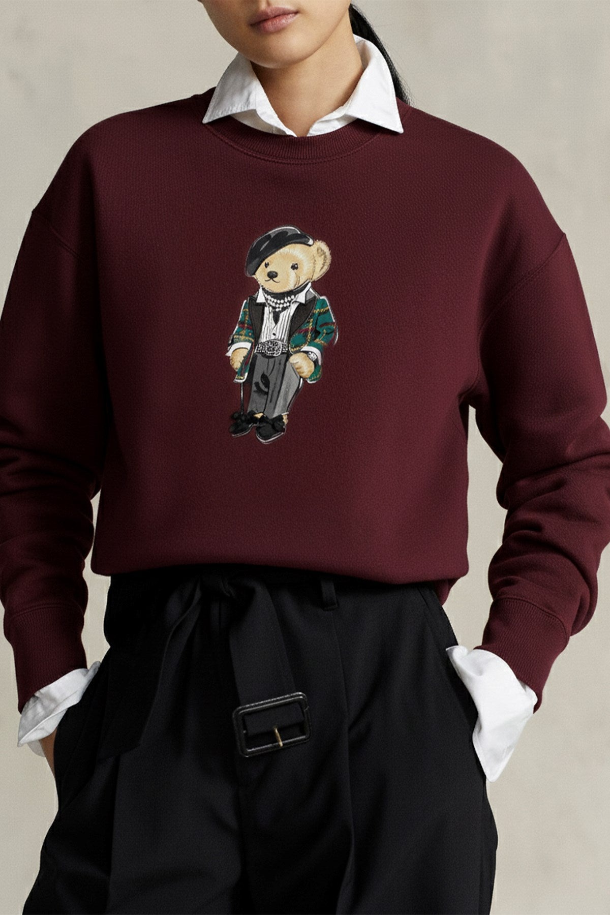 Kadın Oversize Sweatshirt Trench Bear Baskılı Bordo – Bisiklet Yaka, 3 İplik Şardonlu