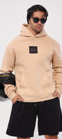 Kapüşonlu İçi Polar Syzygy Yazı Baskılı Bej Oversize Hoodie Sweatshirt