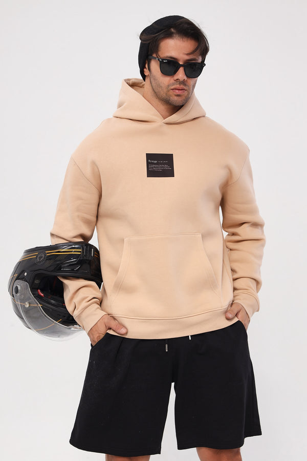 Kapüşonlu İçi Polar Syzygy Yazı Baskılı Bej Oversize Hoodie Sweatshirt