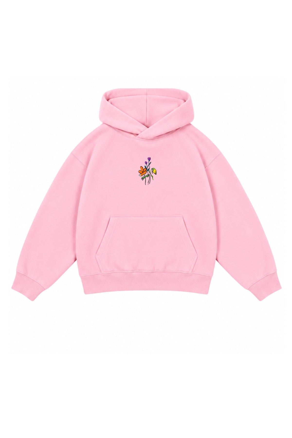 Kız Çocuk Oversize Hoodie Sweatshirt Flower Heaven Baskılı Pembe – Kapüşonlu, Cepli, 3 İplik Polar  