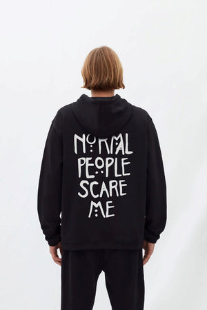 Kapüşonlu İçi Polar Normal People Scare Me Baskılı Siyah Unisex Hoodie Sweatshirt