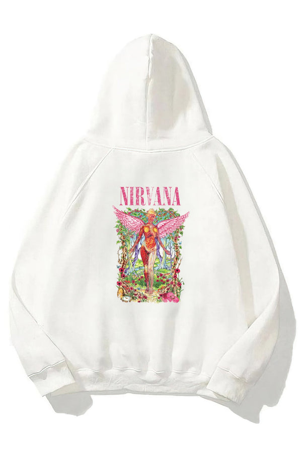 Kapüşonlu İçi Polar Pembe Nirvana Baskılı Beyaz Unisex Hoodie Sweatshirt