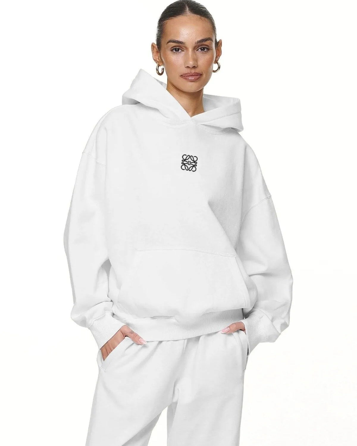 Beyaz Unisex Loewe Yüksek Baskılı Kapüşonlu Kanguru Cepli Oversize Hoodie
