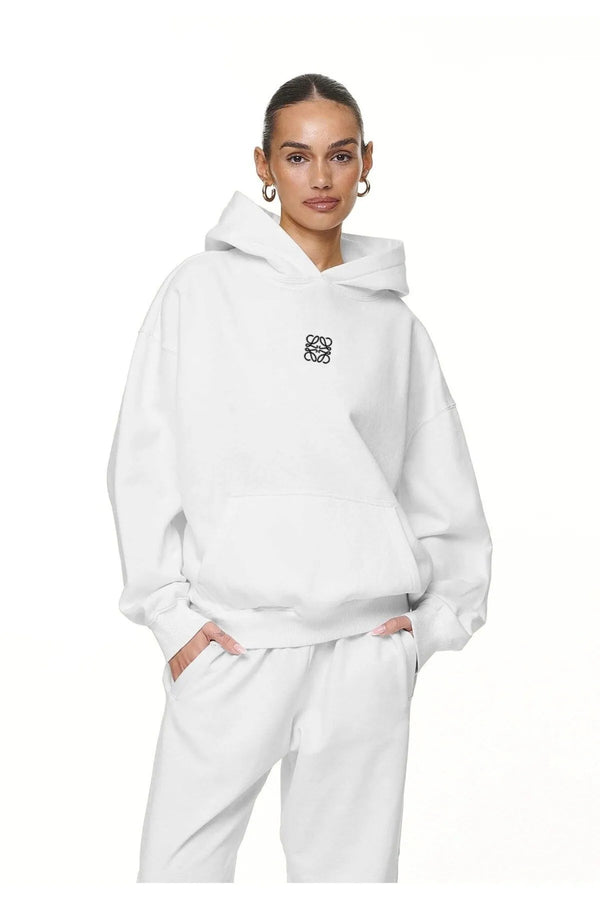 Beyaz Unisex Loewe Yüksek Baskılı Kapüşonlu Kanguru Cepli Oversize Hoodie