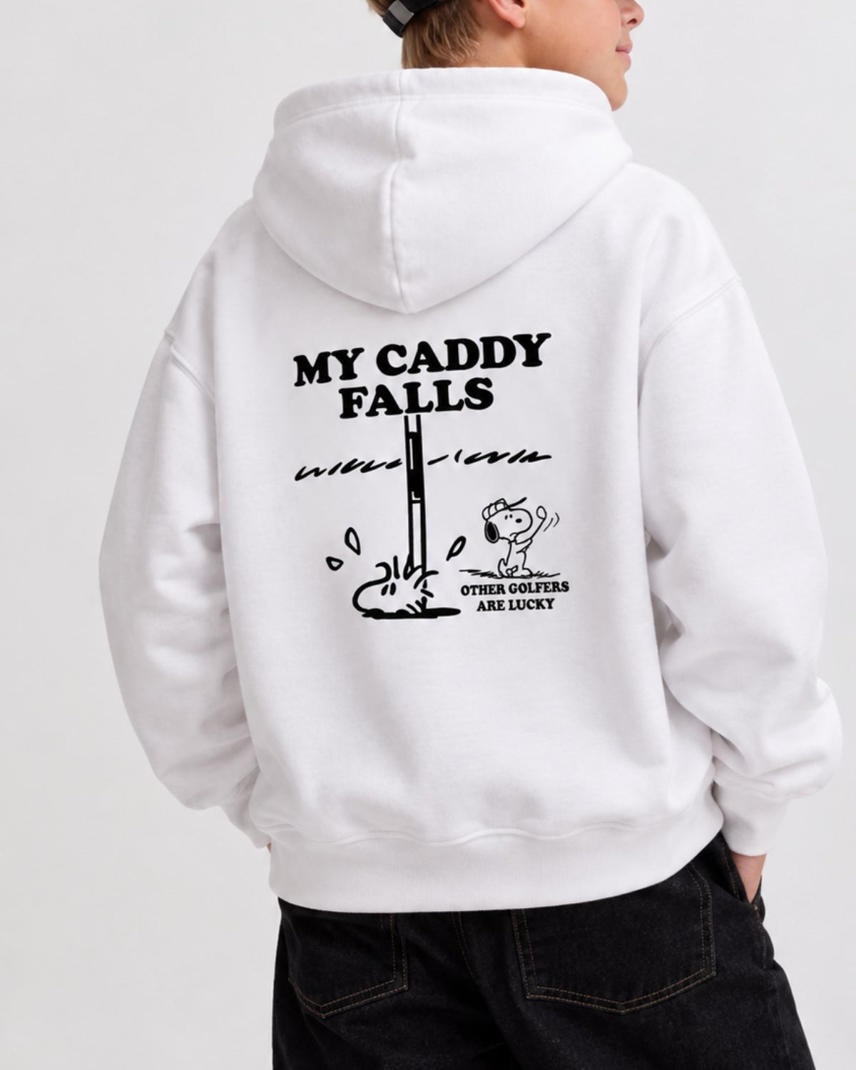 Erkek Çocuk Oversize Hoodie My Caddy Falls Baskılı Beyaz – Kapüşonlu, Cepli, 3 İplik Polar