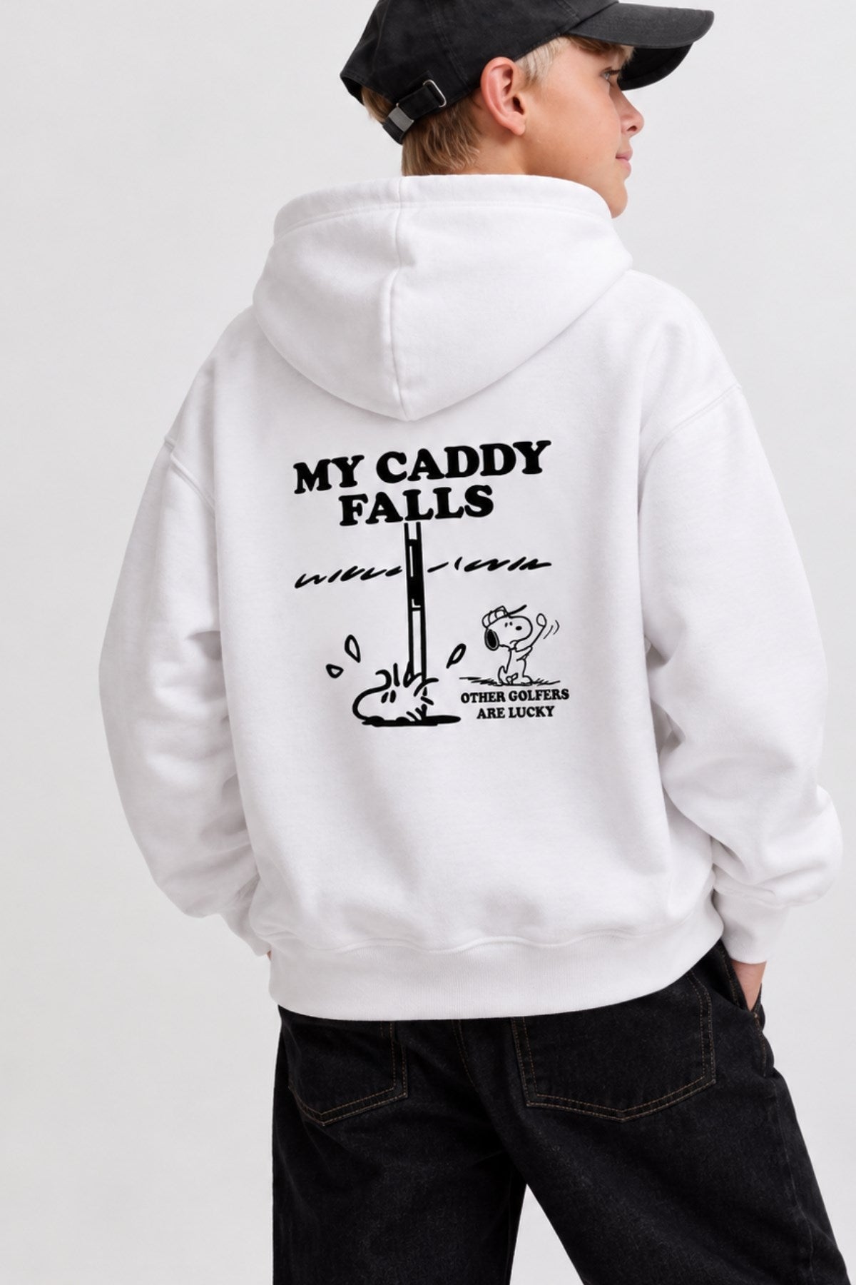 Erkek Çocuk Oversize Hoodie My Caddy Falls Baskılı Beyaz – Kapüşonlu, Cepli, 3 İplik Polar
