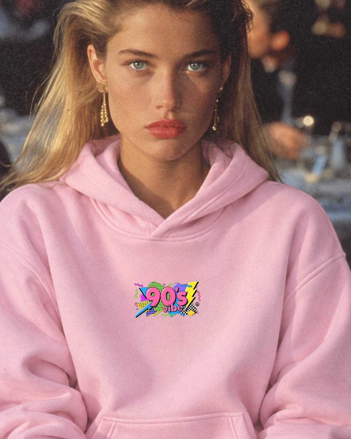 Kadın Oversize Hoodie 90’s Vibe Baskılı Pembe - Kapüşonlu, Kanguru Cepli, 3 İplik Polar