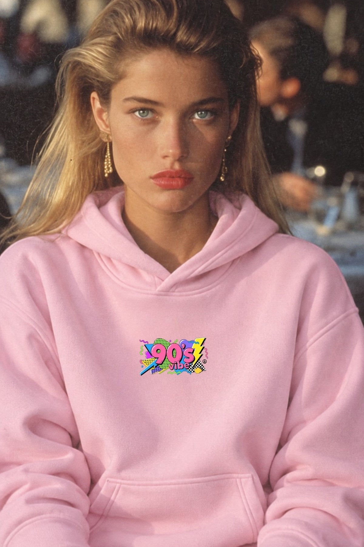 Kadın Oversize Hoodie 90’s Vibe Baskılı Pembe - Kapüşonlu, Kanguru Cepli, 3 İplik Polar