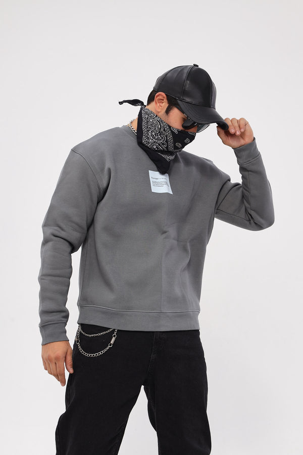 Bisiklet Yaka İçi Polar Syzygy Yazı Baskılı Füme Oversize Sweatshirt