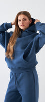  Oversize Unisex Sweatshirt Hoodie Marine – Kapüşonlu, 3 İplik Şardonlu Polar, Kanguru Cepli, Basic