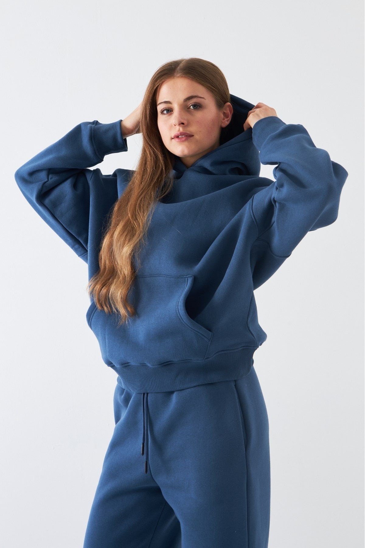  Oversize Unisex Sweatshirt Hoodie Marine – Kapüşonlu, 3 İplik Şardonlu Polar, Kanguru Cepli, Basic