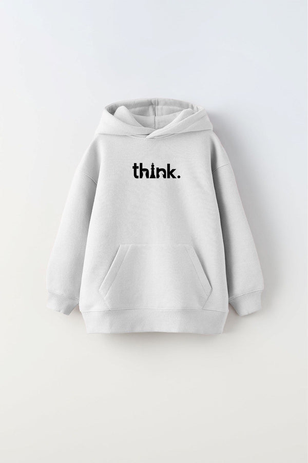 Kapüşonlu İçi Polar Satranç Think Baskılı Beyaz Unisex Çocuk Hoodie Sweatshirt