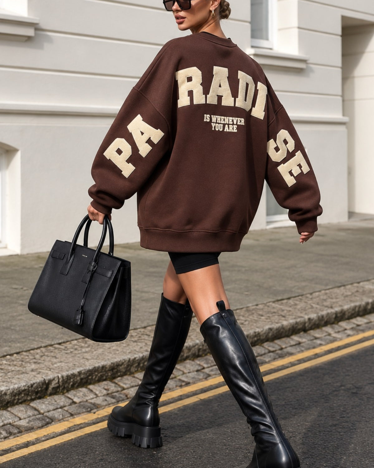 Kadın Oversize Sweatshirt Paradise Varsity Kabartma Baskılı Kahverengi – Bisiklet Yaka, 3 İplik Şardonlu Polar