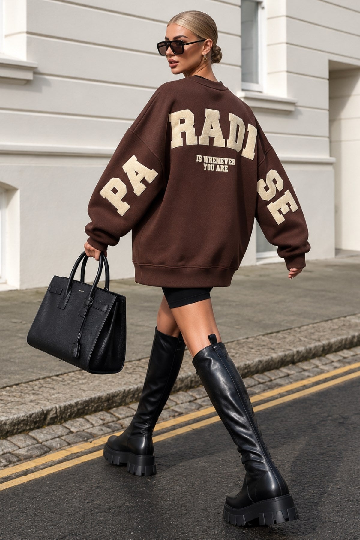 Kadın Oversize Sweatshirt Paradise Varsity Kabartma Baskılı Kahverengi – Bisiklet Yaka, 3 İplik Şardonlu Polar