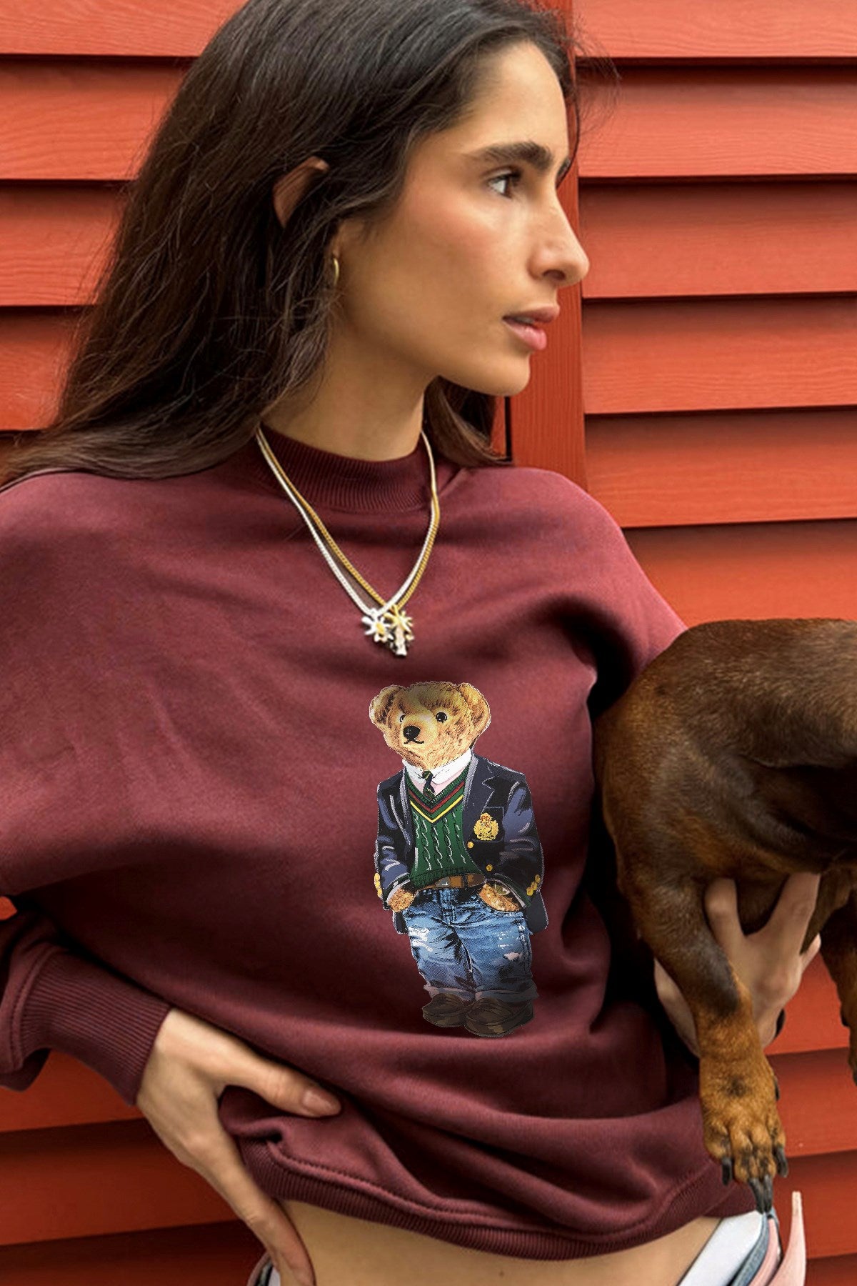 Kadın Oversize Sweatshirt Ivy Bear Baskılı Bordo – Bisiklet Yaka, 3 İplik Şardonlu