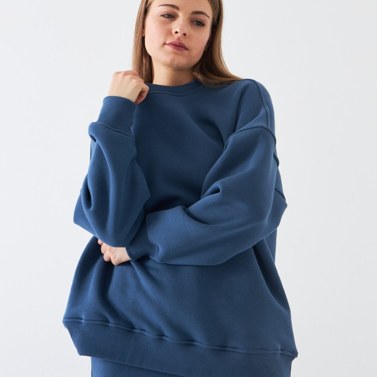 Unisex Oversize Sweatshirt Basic Marine – Bisiklet Yaka, 3 İplik Şardonlu Polar