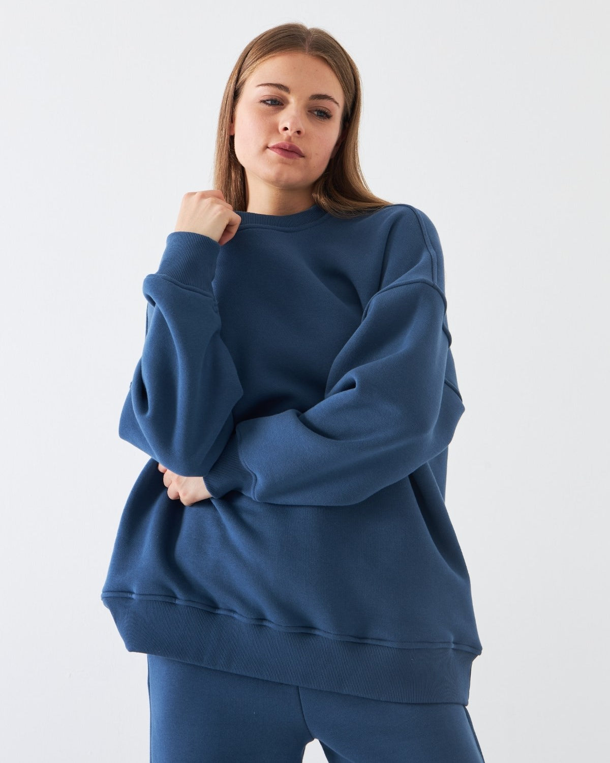 Unisex Oversize Sweatshirt Basic Marine – Bisiklet Yaka, 3 İplik Şardonlu Polar