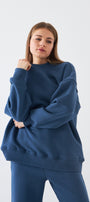 Unisex Oversize Sweatshirt Basic Marine – Bisiklet Yaka, 3 İplik Şardonlu Polar