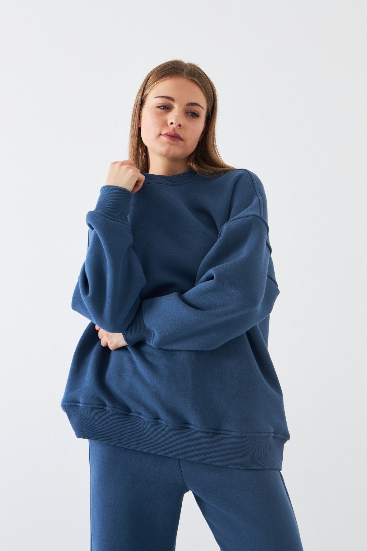 Unisex Oversize Sweatshirt Basic Marine – Bisiklet Yaka, 3 İplik Şardonlu Polar