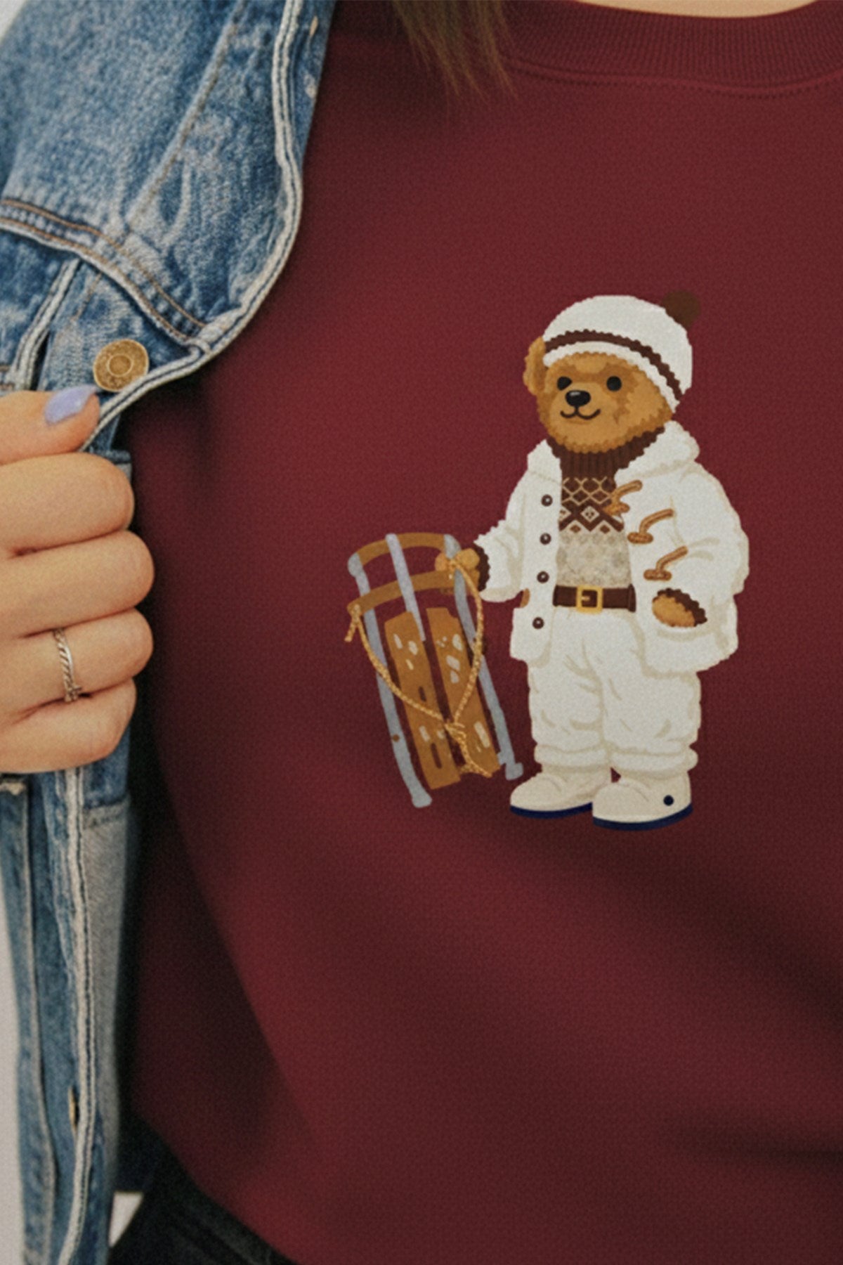 Kadın Oversize Sweatshirt Quiet Club 3D Baskılı Bordo – Bisiklet Yaka, 3 İplik Şardonlu Polar