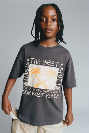 The Champ The Best Yazılı Palmiye Tasarım Baskılı Füme Çocuk T-Shirt