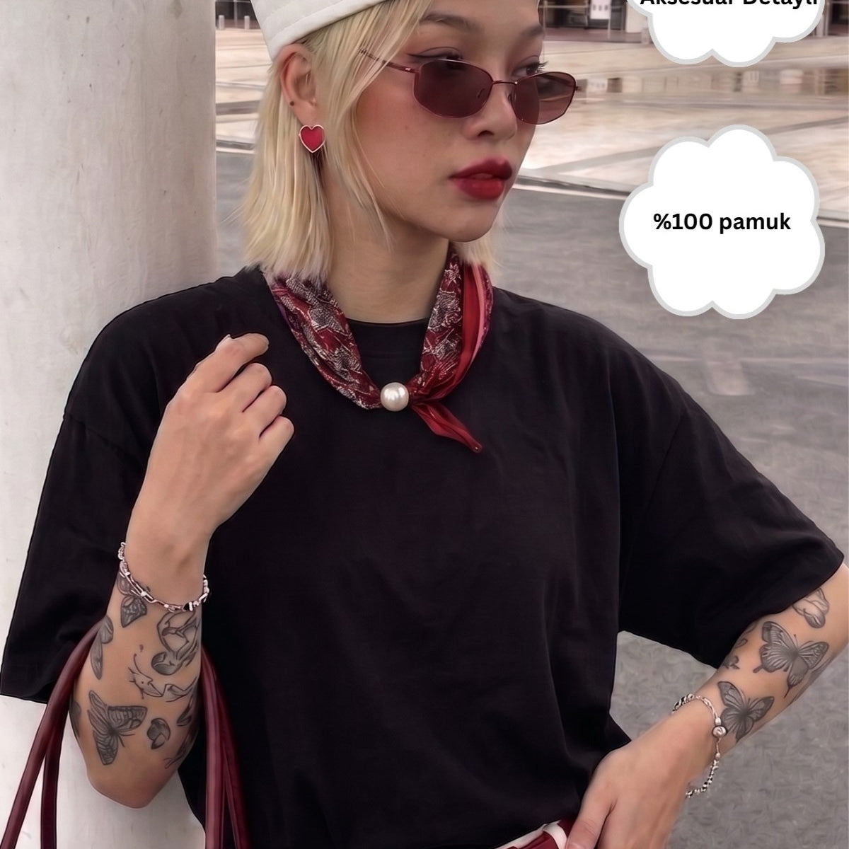 Kadın Oversize Tişört Ruby Scarf Mıknatıslı Fular Aksesuarlı Siyah – Rahat Kalıp, %100 Pamuk