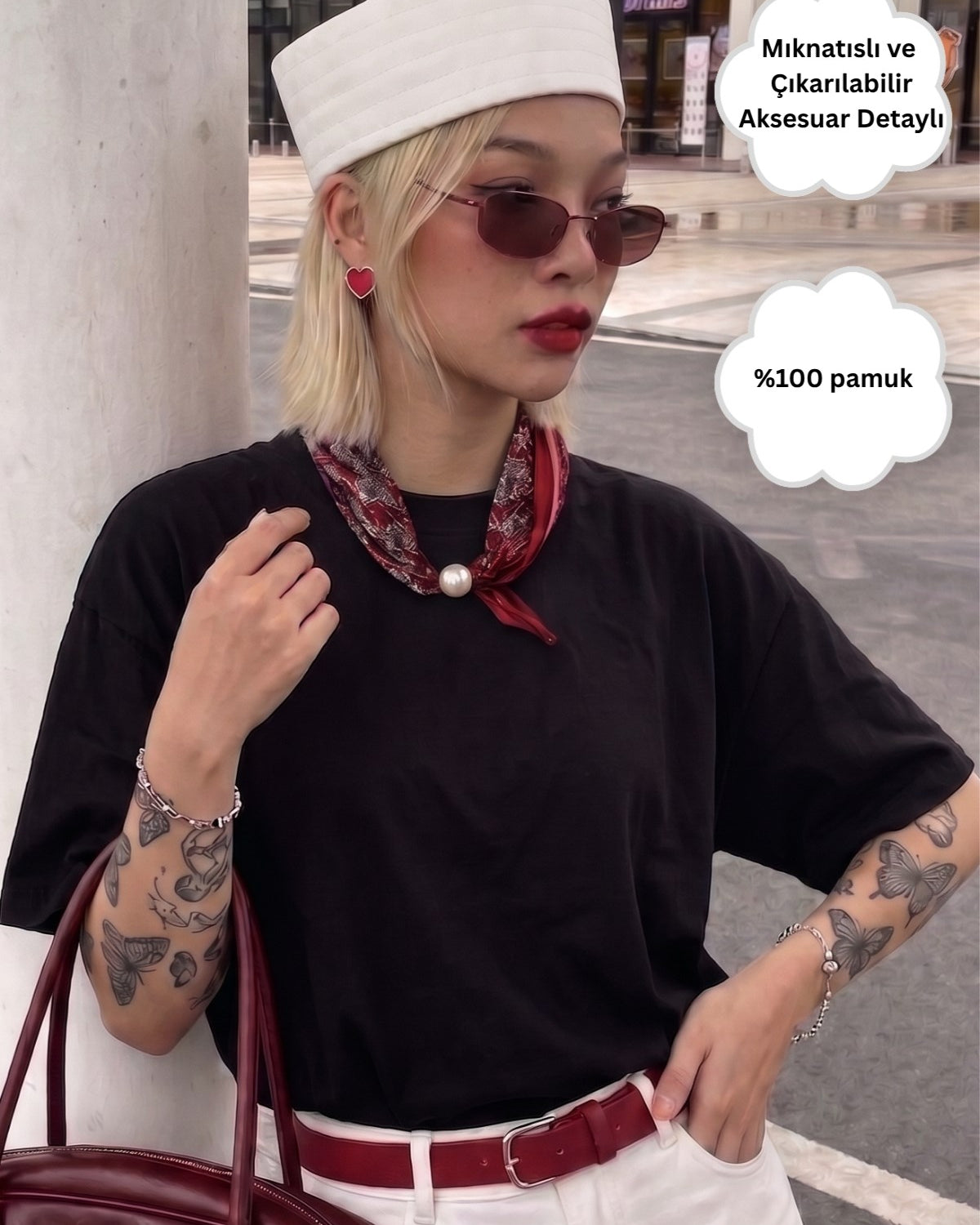 Kadın Oversize Tişört Ruby Scarf Mıknatıslı Fular Aksesuarlı Siyah – Rahat Kalıp, %100 Pamuk