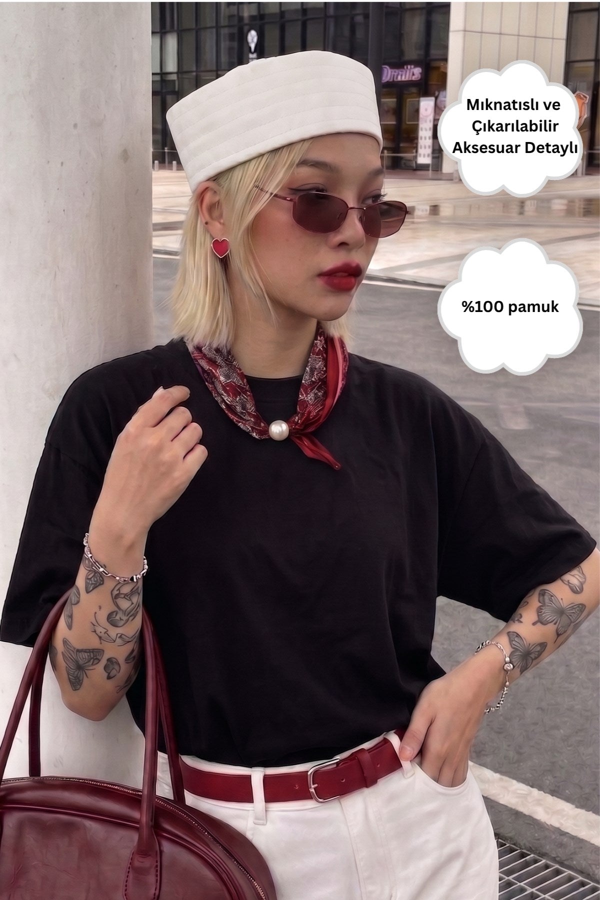 Kadın Oversize Tişört Ruby Scarf Mıknatıslı Fular Aksesuarlı Siyah – Rahat Kalıp, %100 Pamuk