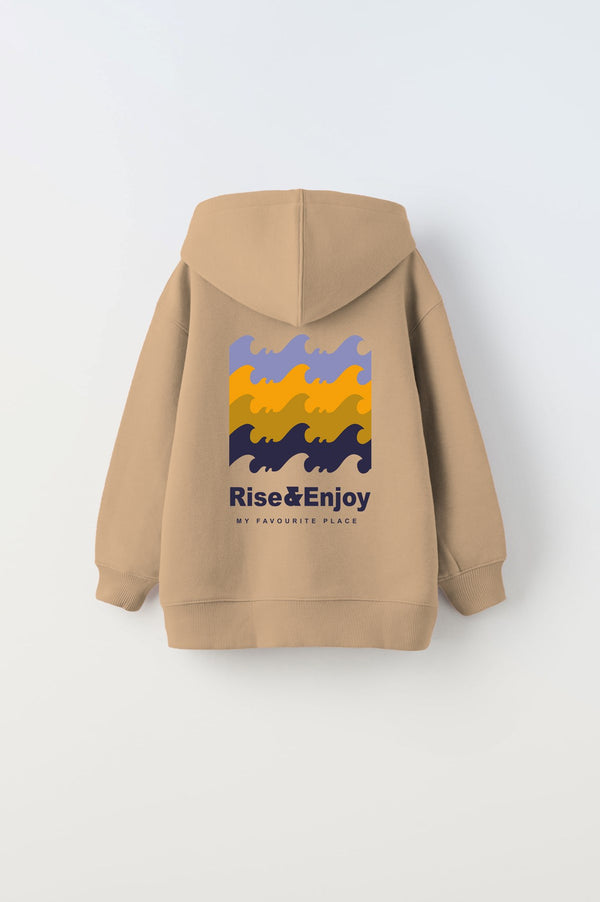 Kapüşonlu İçi Polar Rise And Enjoy Baskılı Bej Unisex Çocuk Hoodie Sweatshirt